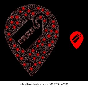 Glossy polygonal mesh web free tag marker icon with glow effect on a black background. Constellation free tag marker iconic vector with flash spheres in vibrant colors.