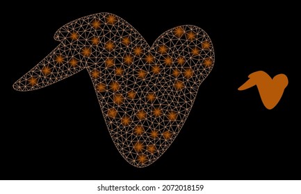 Glossy polygonal mesh web fried chicken wing icon with glow effect on a black background. Carcass fried chicken wing iconic vector with glamour points in majestic colors.