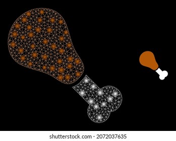 Glossy polygonal mesh web fried chicken leg icon with glare effect on a black background. Carcass fried chicken leg iconic vector with glowing points in stardust colors.
