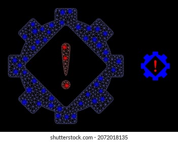 Icono de aviso de engranajes de malla poligonal brillante con efecto de brillo sobre un fondo negro. Aviso de engranajes de constelación vector icónico con esferas brillantes en colores brillantes.