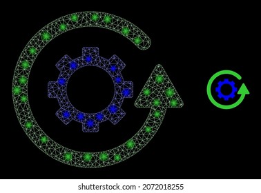 Glossy polygonal mesh web gear rotation icon with glare effect on a black background. Wire frame gear rotation iconic vector with shiny spheres in vibrant colors.