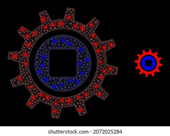 Icono de engranaje web de malla poligonal brillante con efecto de brillo sobre un fondo negro. Vector icónico del engranaje del bastidor del cable con puntos iluminados en colores majestuosos. La malla 2d abstracta está diseñada con líneas triangulares,