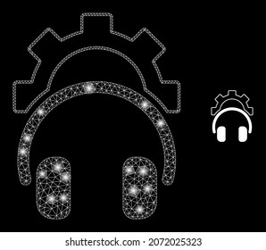 Glossy polygonal mesh web gear headphones icon with glow effect on a black background. Network gear headphones iconic vector with glamour dots in stardust colors.