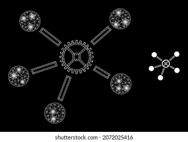 Glossy Polygonal Maschengeflecht Links Symbol mit Glanzeffekt auf schwarzem Hintergrund. Die Konstellation verbindet den ikonischen Vektor mit leuchtenden Punkten in hellen Farben.