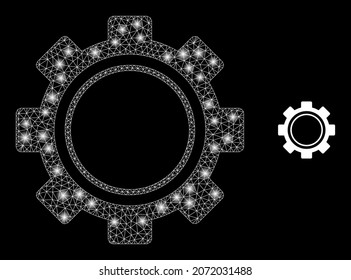 Glossy polygonal mesh web gear icon with glare effect on a black background. Wire frame gear iconic vector with glitter points in vibrant colors. Abstract flat mesh is built from polygonal grid,