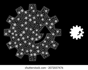 Icono de rotación de engranajes de malla poligonal brillante con efecto de brillo sobre un fondo negro. Rotación de engranajes de red vector icónico con puntos de glamour en colores majestuosos.