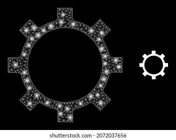 Glossy polygonal mesh web gear icon with glare effect on a black background. Wire frame gear iconic vector with flash points in magic colors. Abstract flat mesh designed with triangular lines,