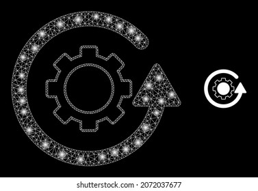 Glossy polygonal geflochtene Zahnradrotation Symbol mit glatter Wirkung auf schwarzem Hintergrund. Konstellationsgetriebe-Drehungsvektorgrafik mit glitzernden Kugeln in majestätischen Farben.