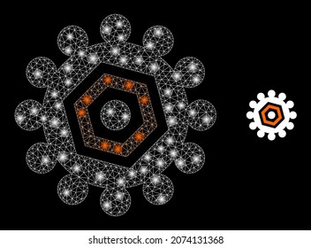 Icono de engranaje web de malla poligonal brillante con efecto de brillo sobre un fondo negro. Vector icónico de engranajes de red con esferas de glamour en colores brillantes. La malla plana de abstracción se construye a partir de una rejilla poligonal,