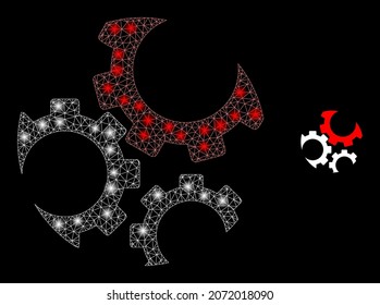 Glossy polygonal mesh web gears icon with glitter effect on a black background. Network gears iconic vector with glitter points in bright colors. Abstraction flat mesh designed with triangles,