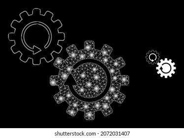 Glossy polygonal mesh web gears rotation icon with glitter effect on a black background. Carcass gears rotation iconic vector with illuminated spheres in vibrant colors.