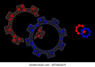 Glossy polygonal mesh web gears icon with glitter effect on a black background. Carcass gears iconic vector with glitter points in vibrant colors. Abstract flat mesh built from polygonal grid,