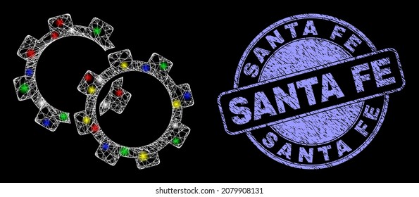 Glossy polygonal mesh web gears icon with glitter effect on a black background, and Santa Fe rubber seal print. Illuminated vector constellation created from gears icon,