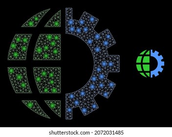 Glossy polygonal mesh web global industry icon with glare effect on a black background. Constellation global industry iconic vector with flash dots in vibrant colors.
