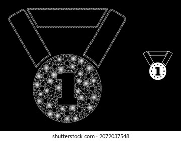 Icono de medalla de oro de malla poligonal brillante con efecto de brillo sobre el fondo negro. Casilla medalla de oro de icónico vector con puntos brillantes en colores brillantes.
