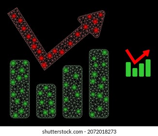 Glossy polygonal mesh web graph chart icon with glitter effect on a black background. Constellation graph chart iconic vector with glamour dots in bright colors.