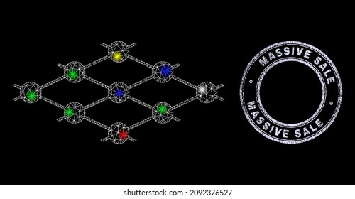 Glossy polygonal mesh web grid layer nodes icon with glitter effect on a black background, and Massive Sale unclean seal. Illuminated vector constellation created from grid layer nodes icon,