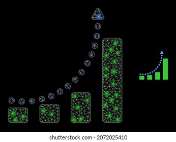 Glossy polygonal mesh web growing chart trend icon with glitter effect on a black background. Constellation growing chart trend iconic vector with glitter spheres in vibrant colors.