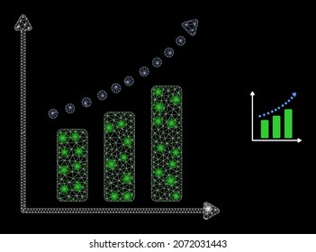 Icono de gráfico de crecimiento de la red de malla poligonal brillante con efecto de brillo sobre un fondo negro. Gráfica de crecimiento de constelación icónica vector con puntos de brillo en colores mágicos.