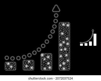 Glossy polygonal mesh web growing chart trend icon with glitter effect on a black background. Network growing chart trend iconic vector with glitter points in bright colors.