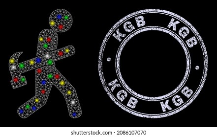 Glossy polygonal mesh web hammer robber icon with glare effect on a black background, and KGB scratched stamp. Illuminated vector mesh created from hammer robber symbol,