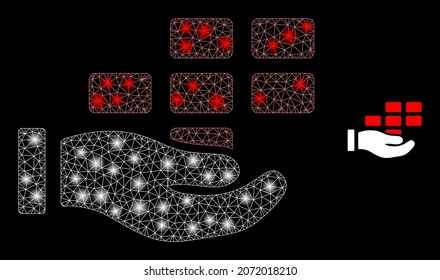Glossy polygonal mesh web hand offer bricks icon with glare effect on a black background. Carcass hand offer bricks iconic vector with glitter dots in vibrant colors.