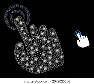 Glossy polygonal mesh web hand press action icon with glare effect on a black background. Constellation hand press action iconic vector with flash points in bright colors.