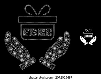 Glossy polygonal mesh web hands give gift icon with glare effect on a black background. Wire frame hands give gift iconic vector with shiny dots in majestic colors.