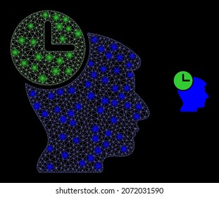 Glossy polygonal mesh web head clock icon with glow effect on a black background. Carcass head clock iconic vector with glamour dots in magic colors.