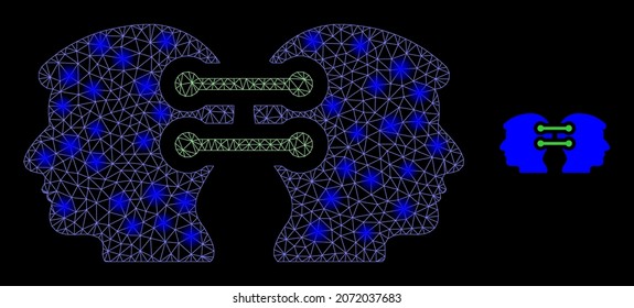 Glossy polygonal mesh web head links integration icon with glare effect on a black background. Network head links integration iconic vector with shiny points in majestic colors.