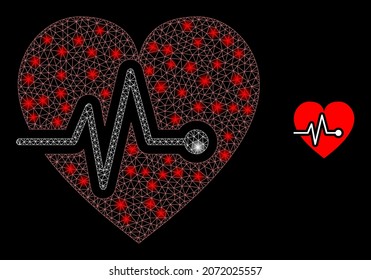 Glossy polygonal mesh web heart pulse icon with glow effect on a black background. Network heart pulse iconic vector with glitter points in vibrant colors.