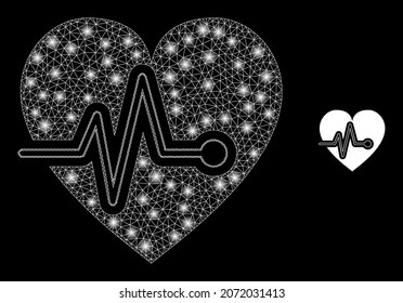 Glossy polygonal mesh web heart pulse icon with glow effect on a black background. Carcass heart pulse iconic vector with glowing dots in magic colors.
