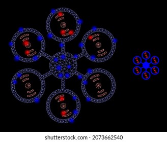 Glossy polygonal mesh web hexacopter icon with glow effect on a black background. Carcass hexacopter iconic vector with shiny points in stardust colors.