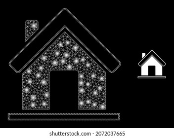 Glossy polygonal mesh web home icon with glitter effect on a black background. Wire frame home iconic vector with flash points in bright colors. Abstraction 2d mesh designed with triangles,