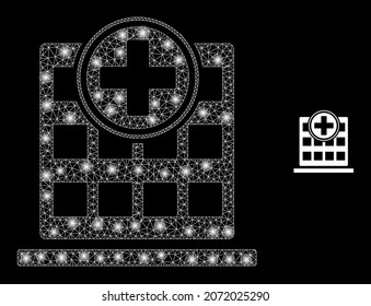Glossy polygonal mesh web hospital building icon with glare effect on a black background. Wire frame hospital building iconic vector with glowing points in vibrant colors.