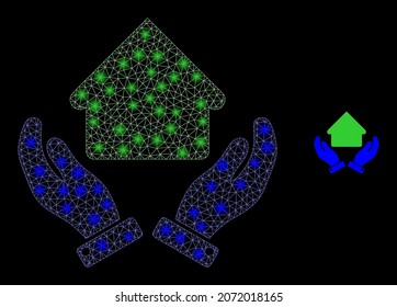 Glossy polygonal mesh web house care hands icon with glare effect on a black background. Network house care hands iconic vector with flash dots in vibrant colors.