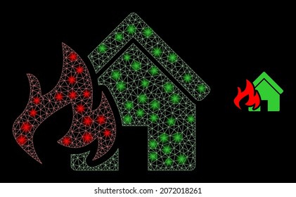 Glossy polygonal mesh web house fire disaster icon with glow effect on a black background. Constellation house fire disaster iconic vector with flash dots in magic colors.