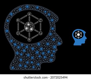 Glossy polygonal mesh web human memory icon with glare effect on a black background. Constellation human memory iconic vector with shiny points in vibrant colors.
