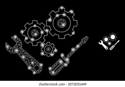 Icono de herramientas instrumentales de malla poligonal brillante con efecto de brillo sobre un fondo negro. Herramientas instrumentales de constelación vector icónico con puntos flash en colores mágicos.