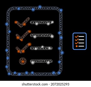 Glossy polygonal mesh web items list page icon with glitter effect on a black background. Carcass items list page iconic vector with flash points in bright colors.