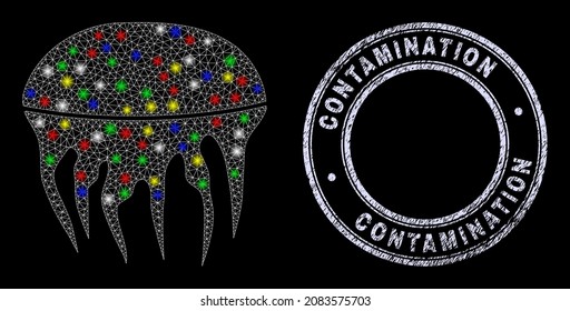 Glossy polygonal mesh web jelly fish icon with glitter effect on a black background with Contamination textured stamp seal. Illuminated vector mesh created from jelly fish icon,
