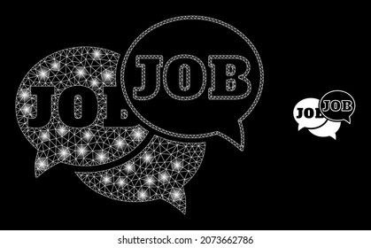 Glossy polygonal mesh web job forum messages icon with glare effect on a black background. Wire frame job forum messages iconic vector with flash dots in vibrant colors.