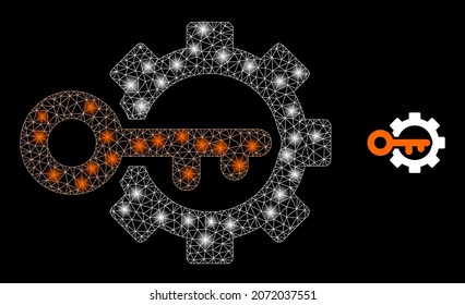 Icono de engranaje con efecto de brillo sobre un fondo negro con las opciones de la llave de la red de malla poligonal brillante. Las opciones de clave de red funcionan con vectores icónicos con esferas flash en colores mágicos.