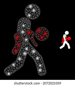 Glossy polygonal mesh web kidnapper icon with glitter effect on a black background. Carcass kidnapper iconic vector with illuminated points in bright colors.