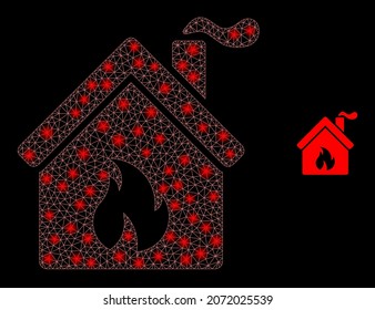 Glossy polygonal mesh web kitchen building icon with glow effect on a black background. Constellation kitchen building iconic vector with glamour points in stardust colors.