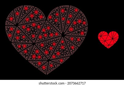 Glossy polygonal mesh web polygonal love heart icon with glitter effect on a black background. Wire frame polygonal love heart iconic vector with glitter spheres in bright colors.