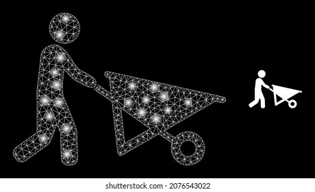 Glossy polygonal mesh web man with wheelbarrow icon with glare effect on a black background. Carcass man with wheelbarrow iconic vector with glitter dots in bright colors.