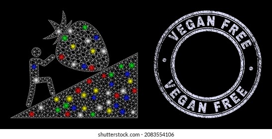 Glossy polygonal mesh web man rolling strawberry up icon with glitter effect on a black background with Vegan Free dirty seal print.