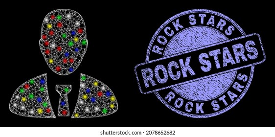 Glossy polygonal mesh web manager icon with glow effect on a black background, and Rock Stars corroded stamp. Illuminated vector structure created from manager icon,