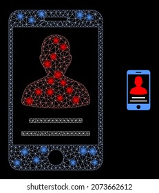Glossy polygonal mesh web mobile person contact icon with glitter effect on a black background. Network mobile person contact iconic vector with glamour points in majestic colors.